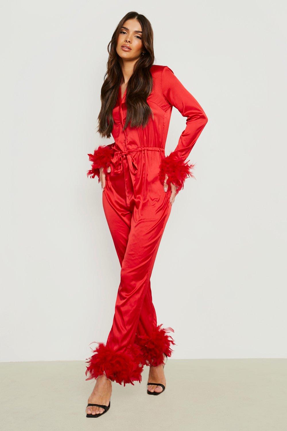 Boohoo Satin Feather Detail Jumpsuit in Red Womens Clothing Jumpsuits and rompers Full-length jumpsuits and rompers 