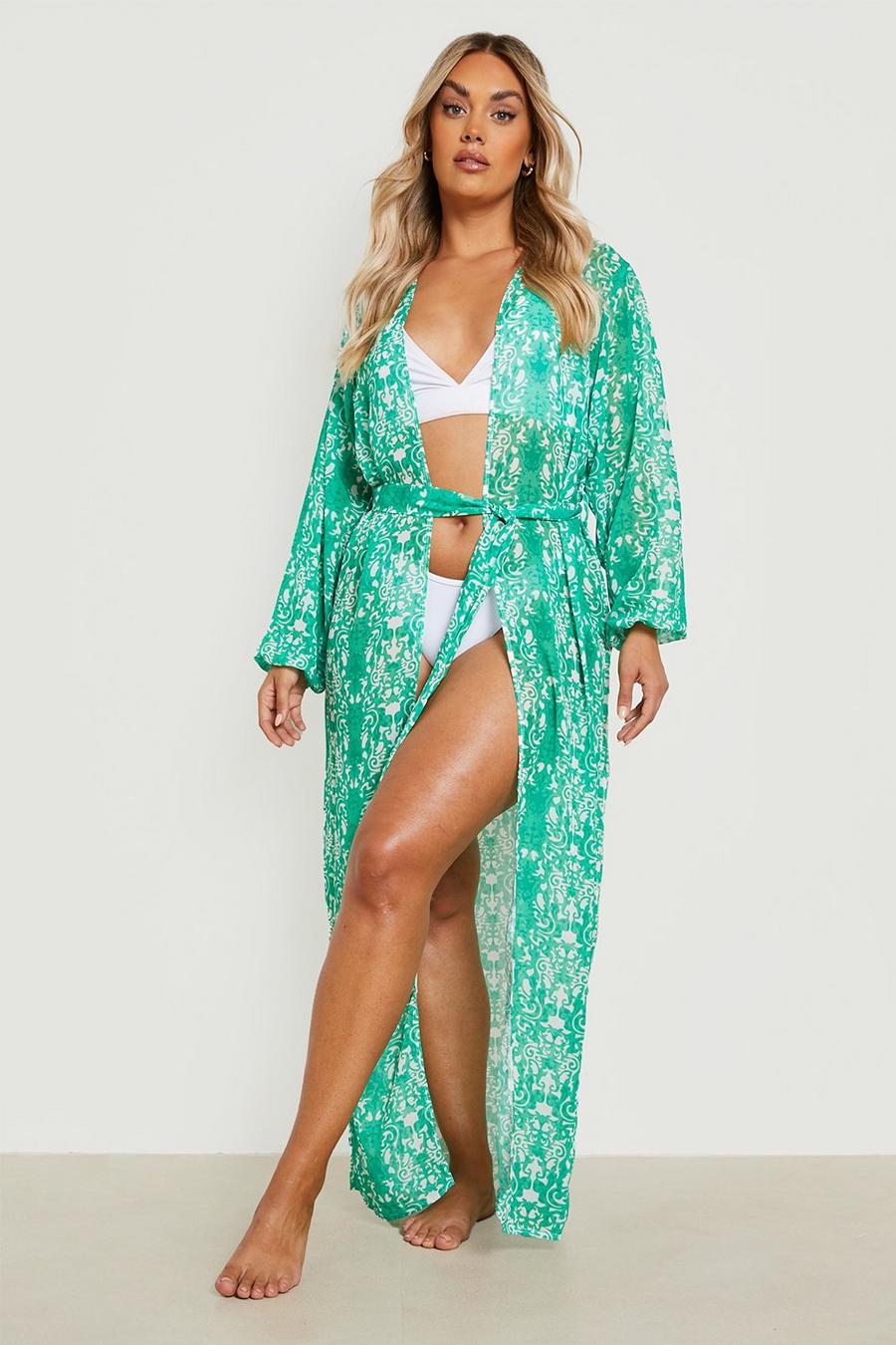 Kimono maxi da mare Plus Size con motivi stile porcellana, Green image number 1