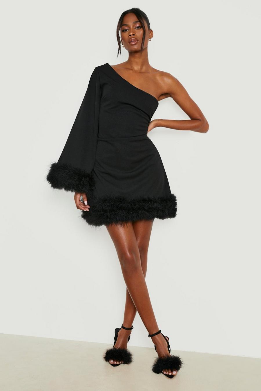 Black Feather Asymmetric Cape Detail Mini Dress image number 1