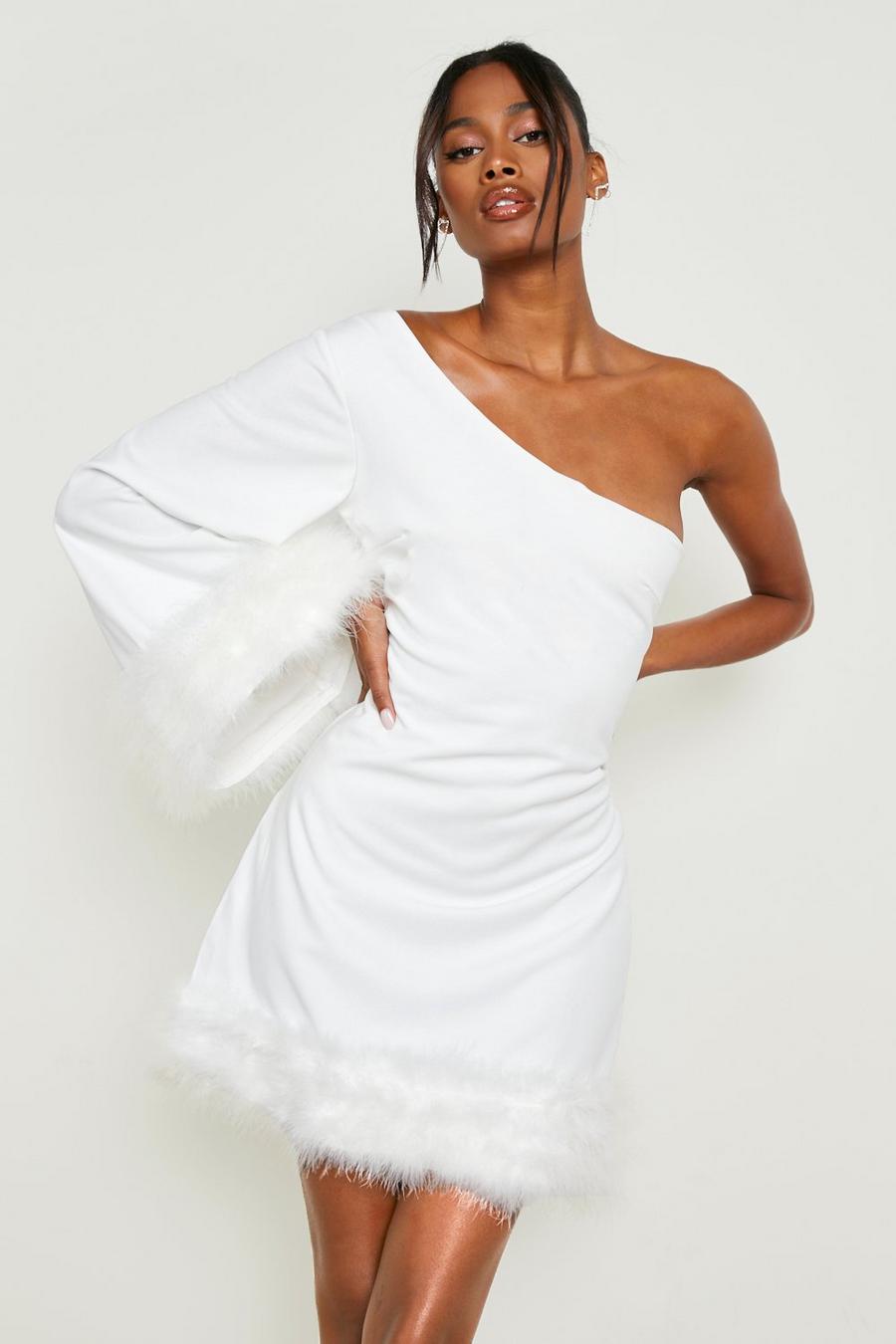 White Feather Asymmetric Cape Detail Mini Dress image number 1