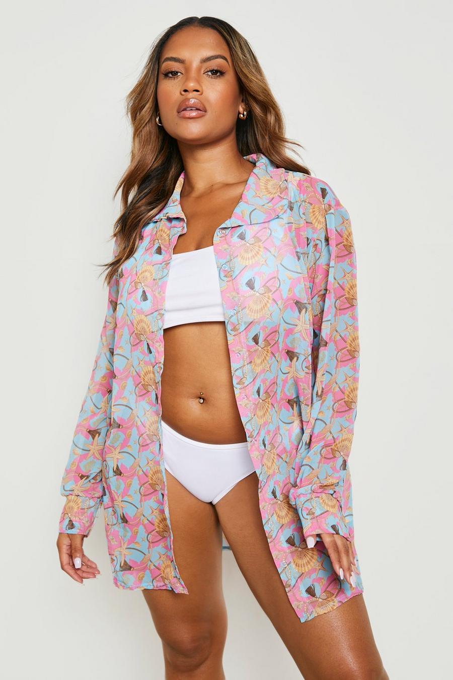 Pink Plus Shell Chain Print Beach Shirt image number 1