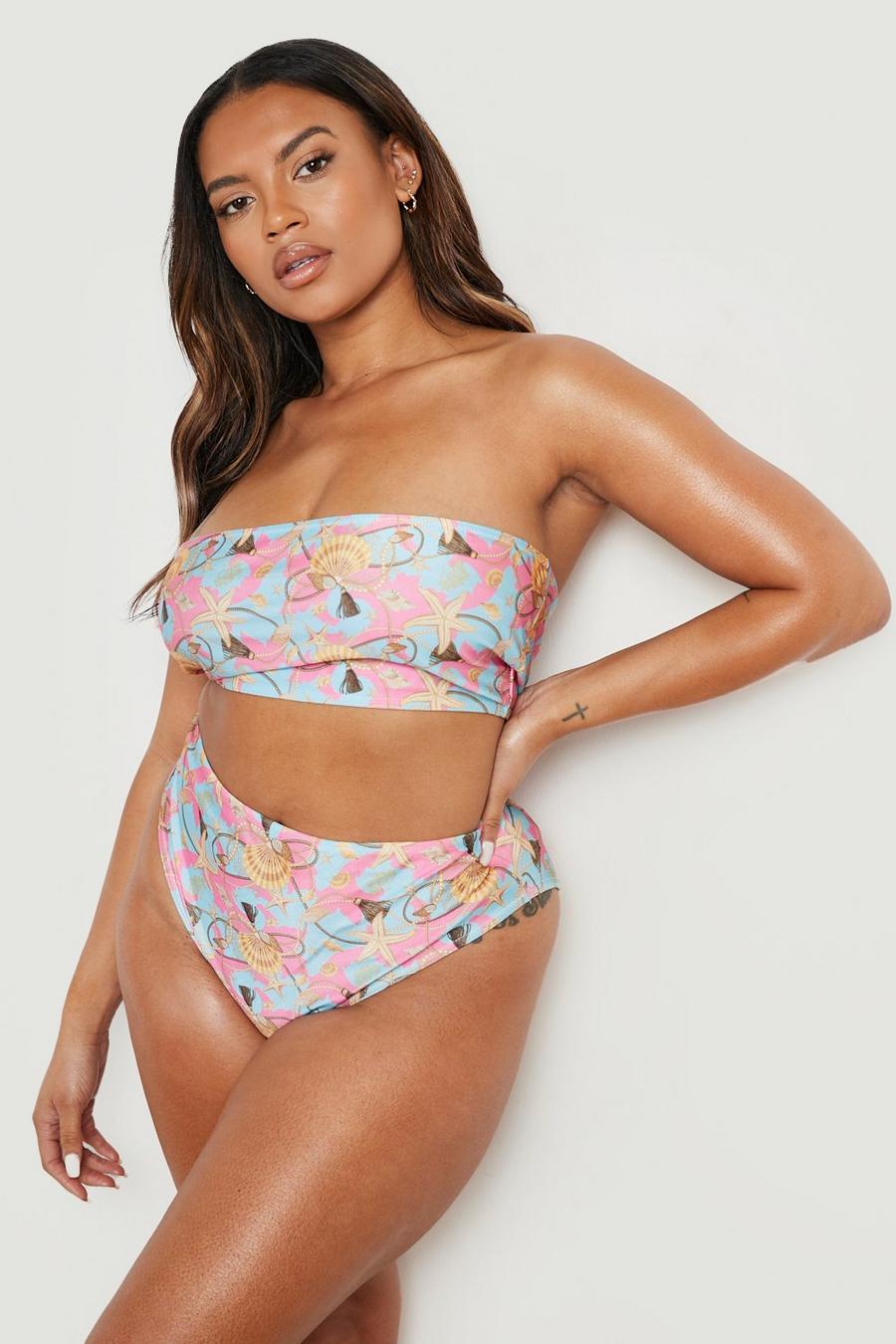Top bikini a fascia Plus Size con stampa di catene e conghiglie, Pink image number 1