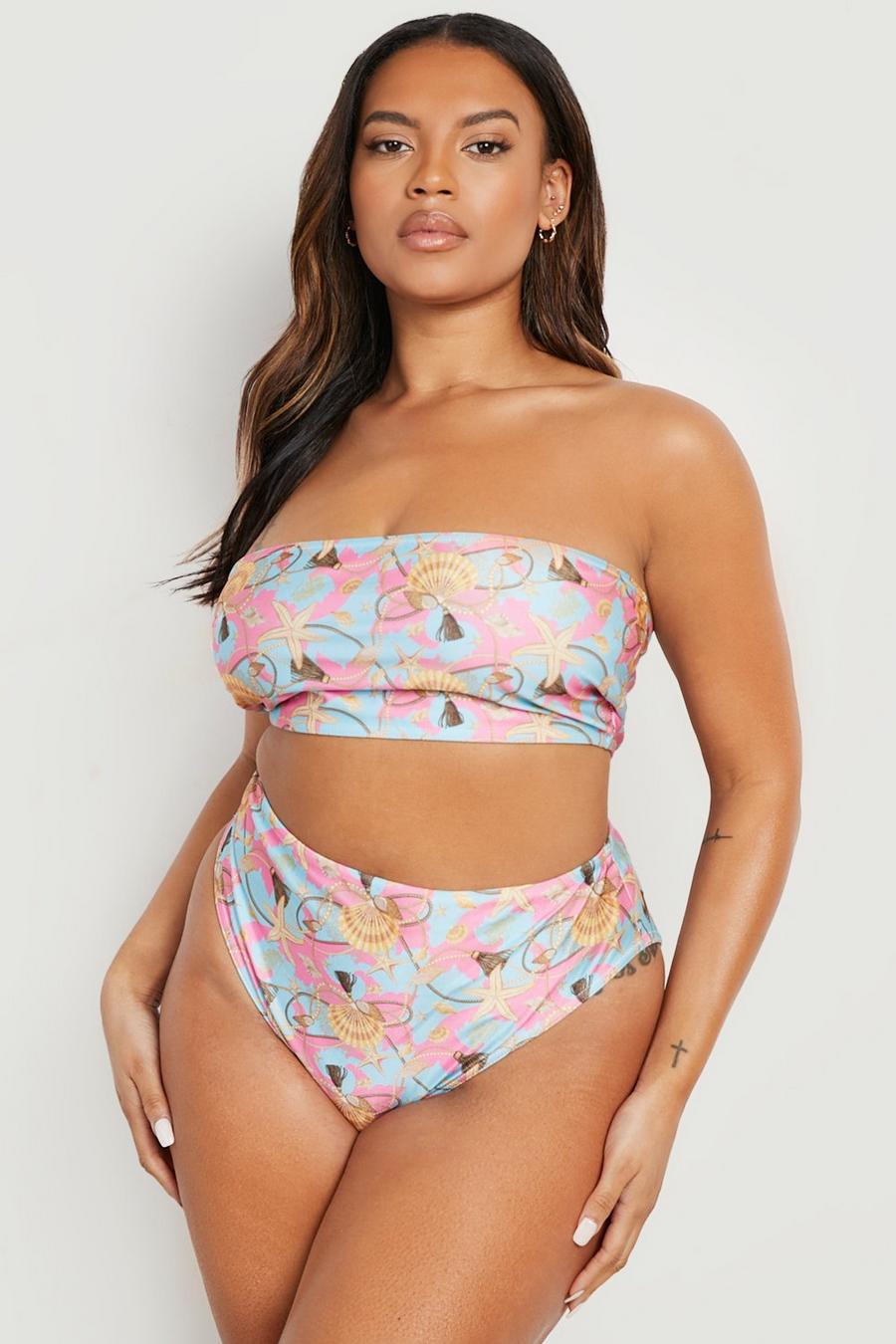 Slip bikini Plus Size  a vita alta con stampa di catene e conchiglie, Pink image number 1