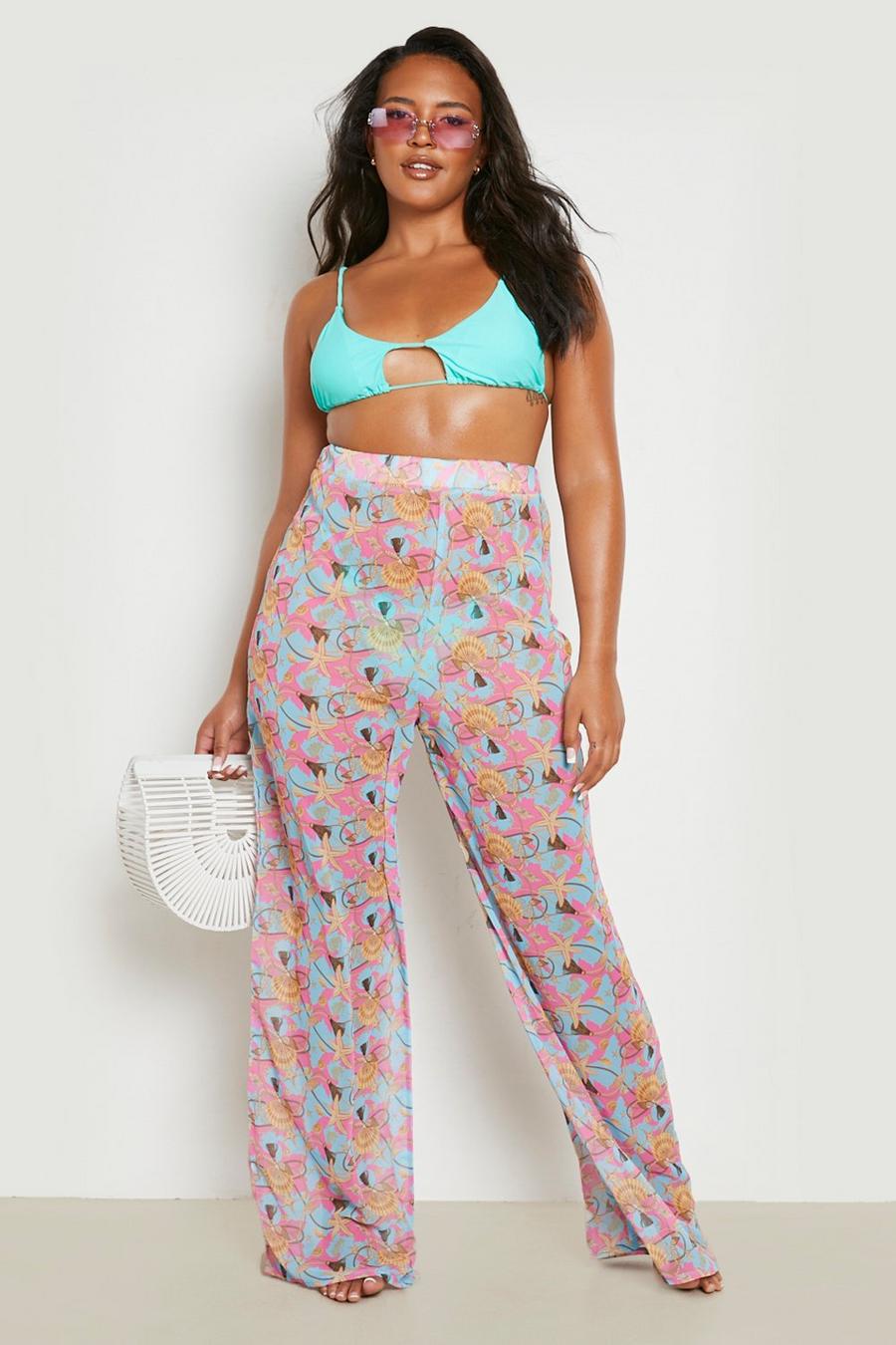 Pink Plus Shell Chain Print Beach Pants image number 1