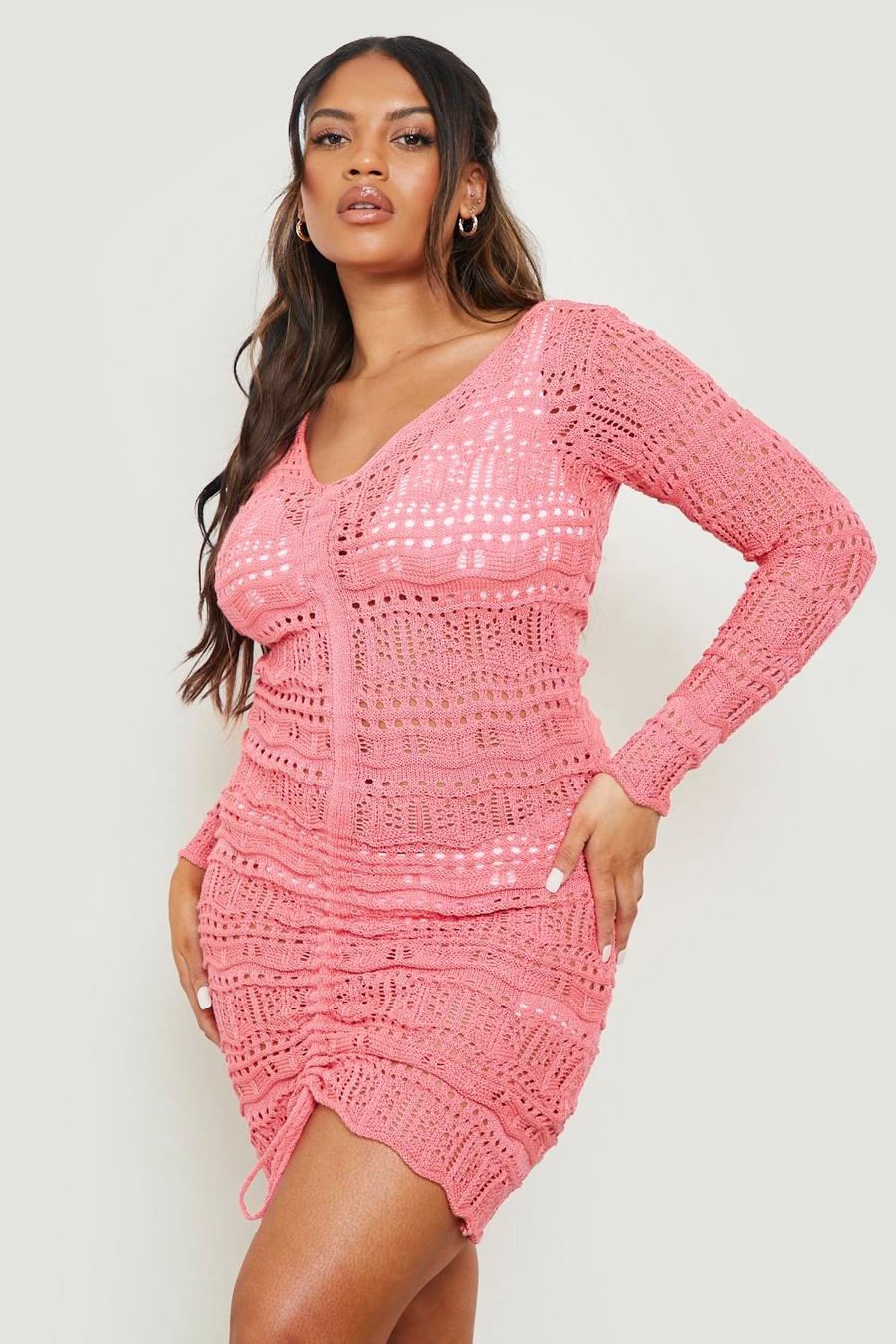 Vestido Plus para la playa de croché fruncido, Pink image number 1
