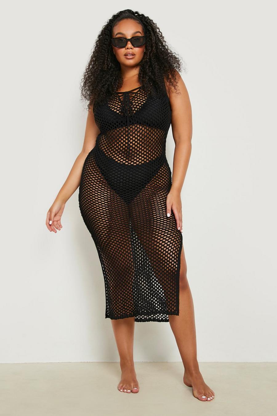 Black Plus Knitted Lace Up Beach Dress image number 1