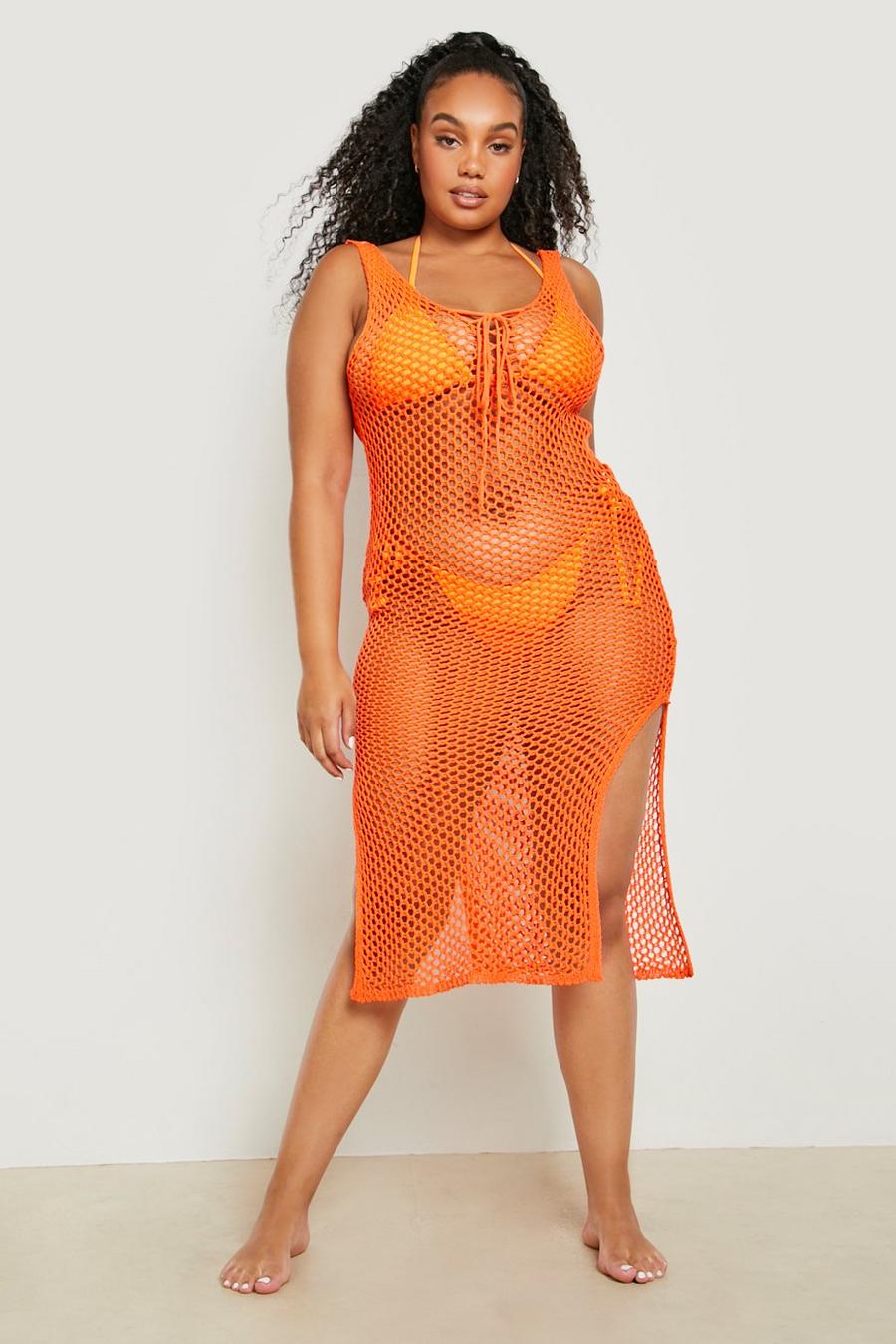 Vestido Plus para la playa de punto con tiras cruzadas, Orange arancio image number 1