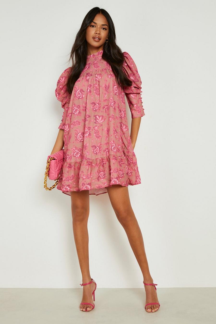 Pink Printed Puff Sleeve Ruffle Neck Smock Dress image number 1
