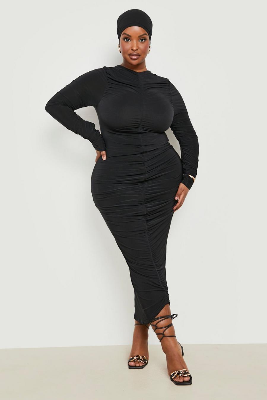 Black Plus Double Slinky Ruched Midi Dress image number 1