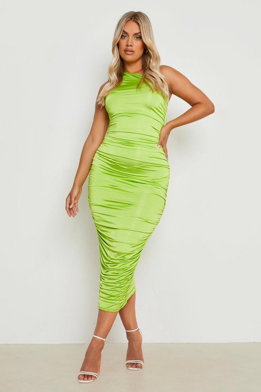 Lime green Plus Slinky One Shoulder Detail Midaxi Dress