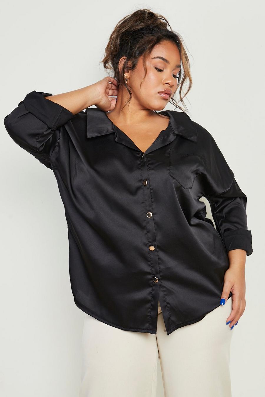 Black Plus Satin Chain Detail Oversized Shirt image number 1