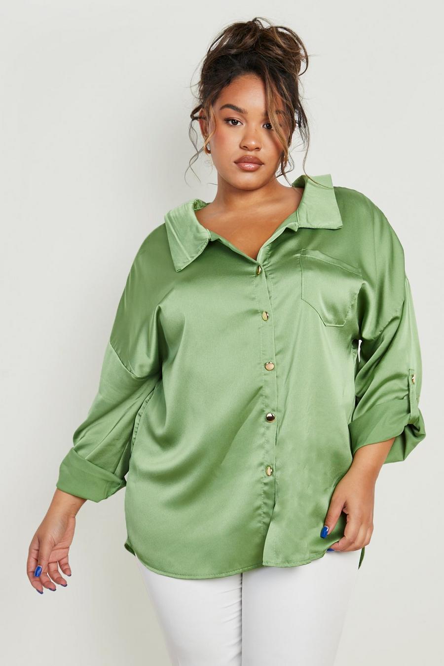 Camicia Plus Size oversize in raso con dettagli a catena, Green verde image number 1