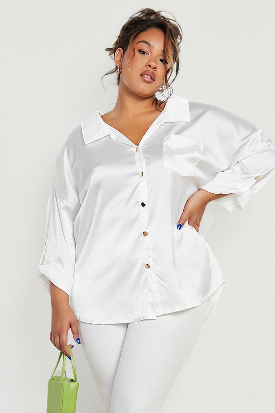 White Plus Satin Chain Detail Oversized Shirt