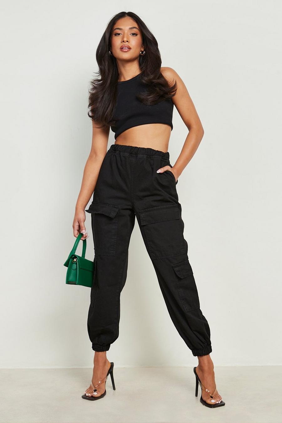 Black Petite Double Pocket Cuffed Cargo Track Pants image number 1