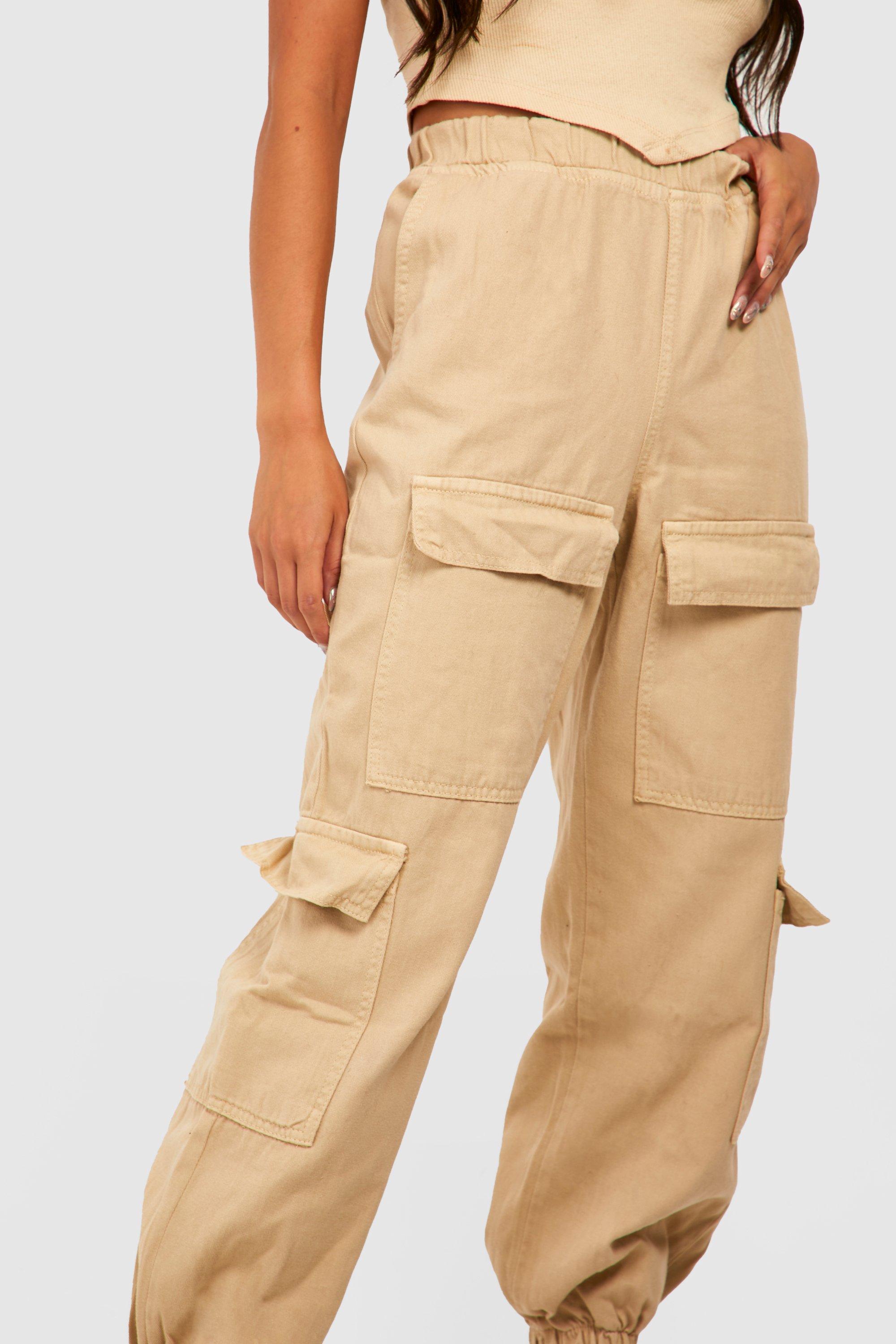 Beige Cuffed Pleated Trousers Cargo Pants Women, Petite Pants XS, S 