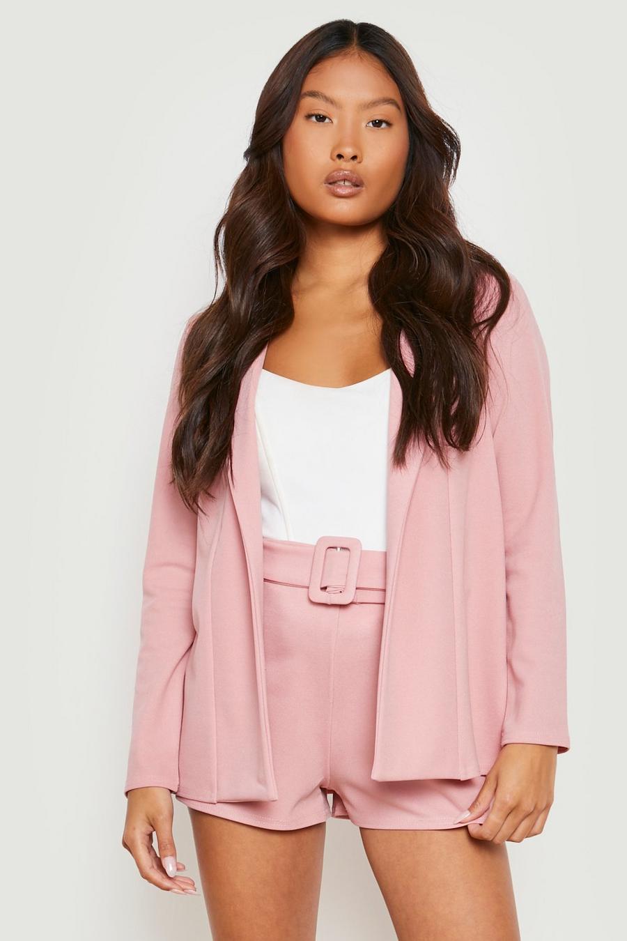 Pink Petite Blazer Self Fabric Belt Short Suit Set