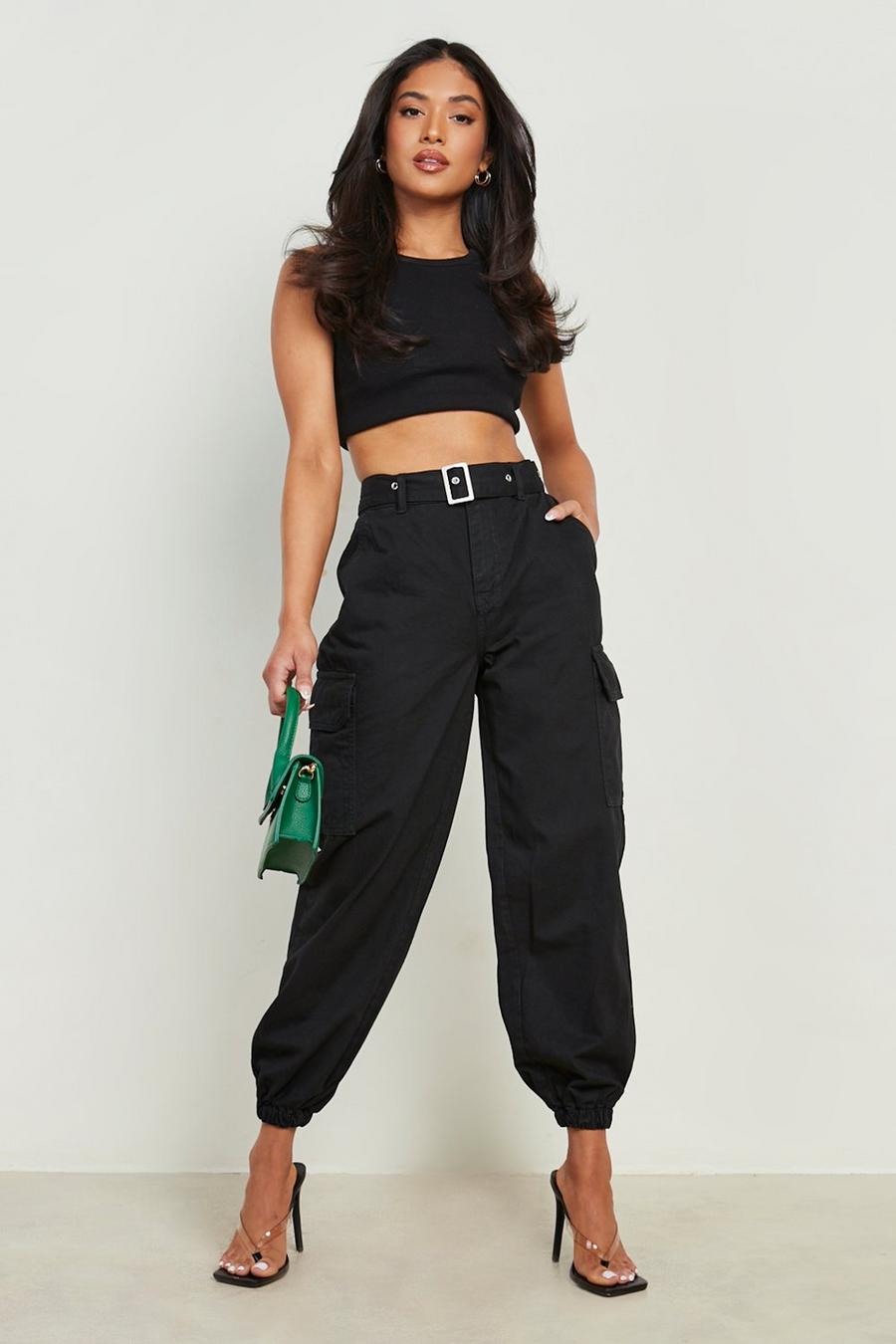 Black Petite Eyelet Belted Cargo Cuffed Jogger