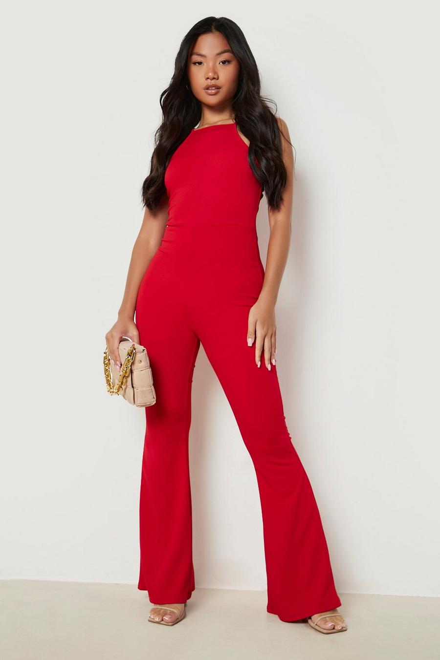 Red Petite Racer Neck Flared Jumpsuit