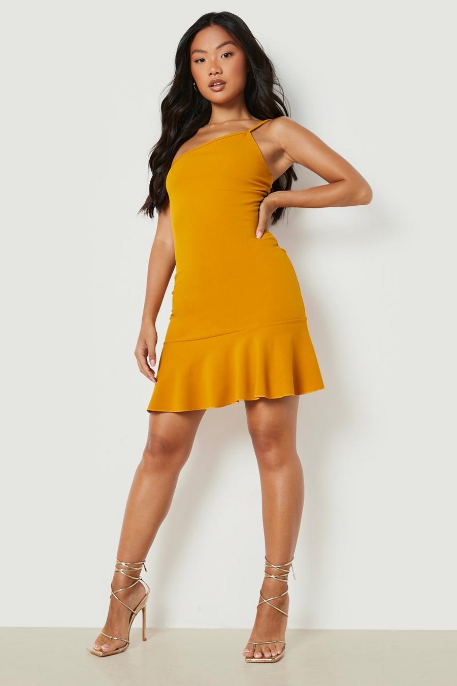 Mustard Petite One Shoulder Frill Hem Mini Dress image number 1