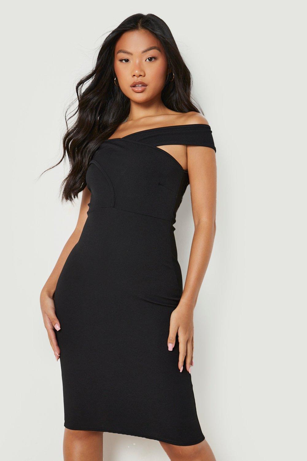 Boohoo petite bardot wrap bodycon midi dress in black hotsell