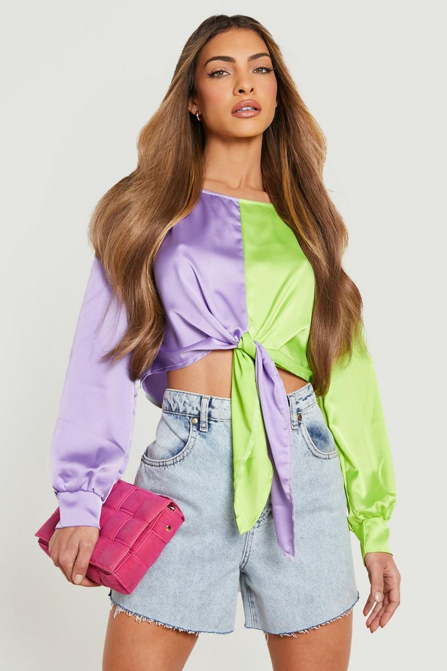 Lime Contrast Tie Front Satin Blouse image number 1