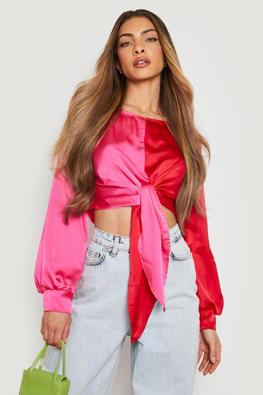 Red Contrast Tie Front Satin Blouse image number 1
