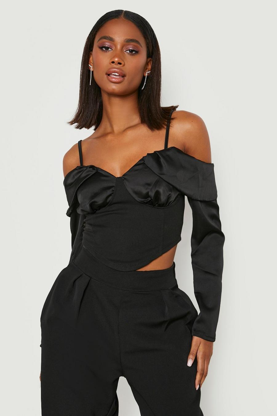 Crop top satiné style corset drapé, Black image number 1