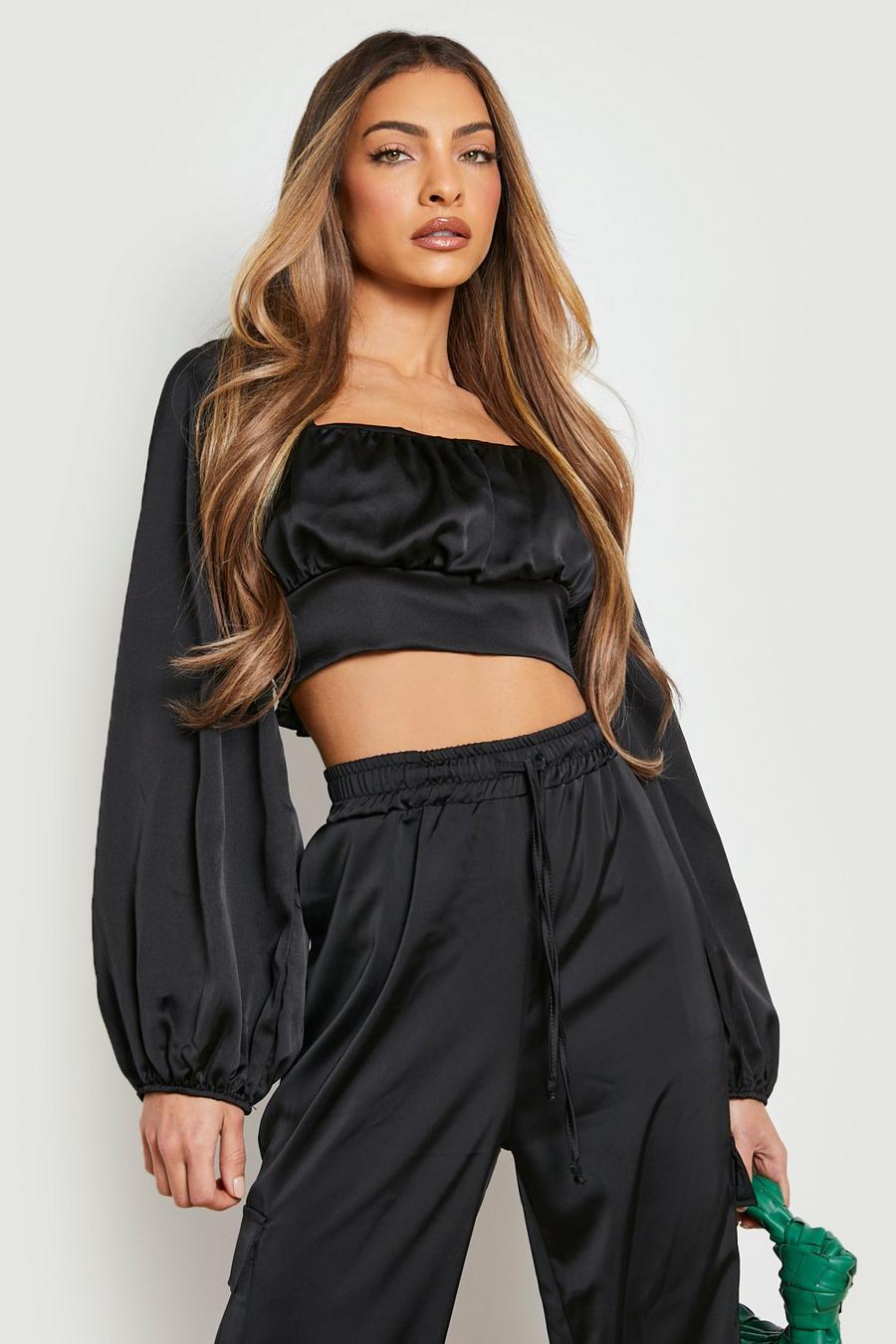 Black Ruched Bust Puff Sleeve Satin Corset Top image number 1