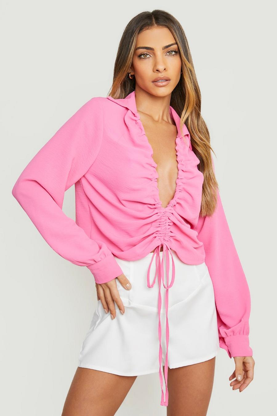Pink Ruched Front Hammered Satin Shirt