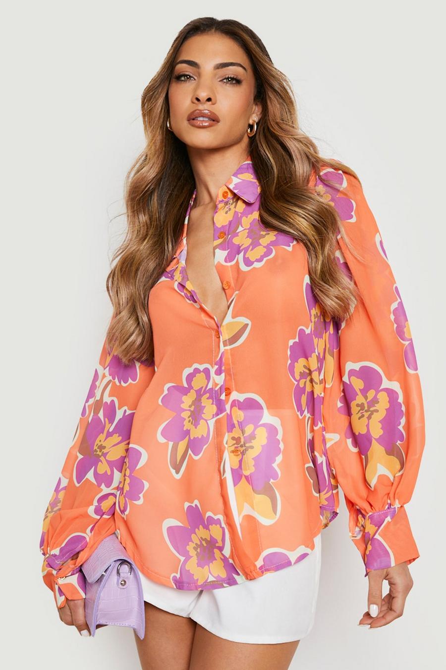 Florales Chiffon-Hemd mit Ballonärmeln, Orange image number 1
