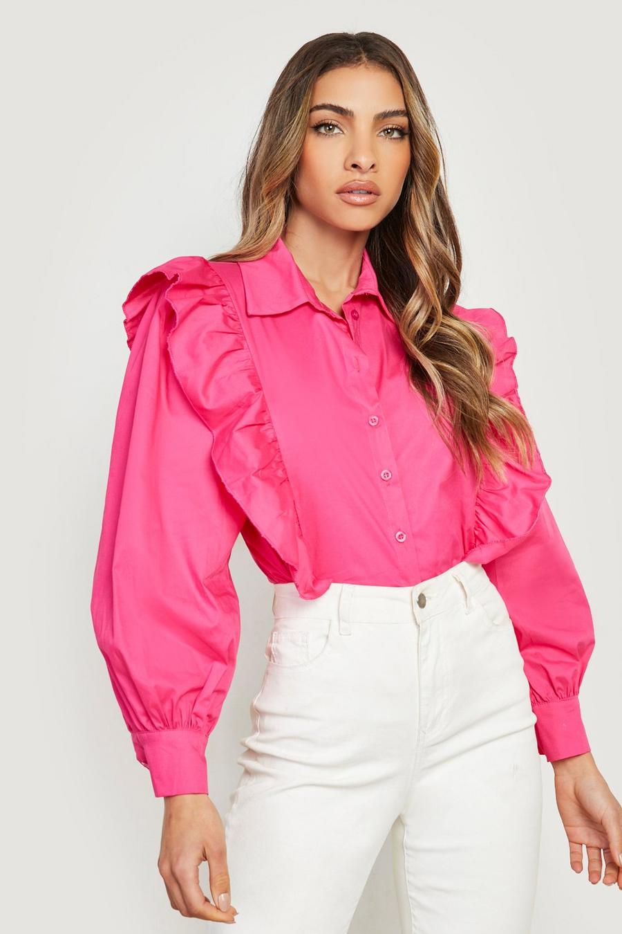 Pink Cotton Ruffle Front Crop Shirt