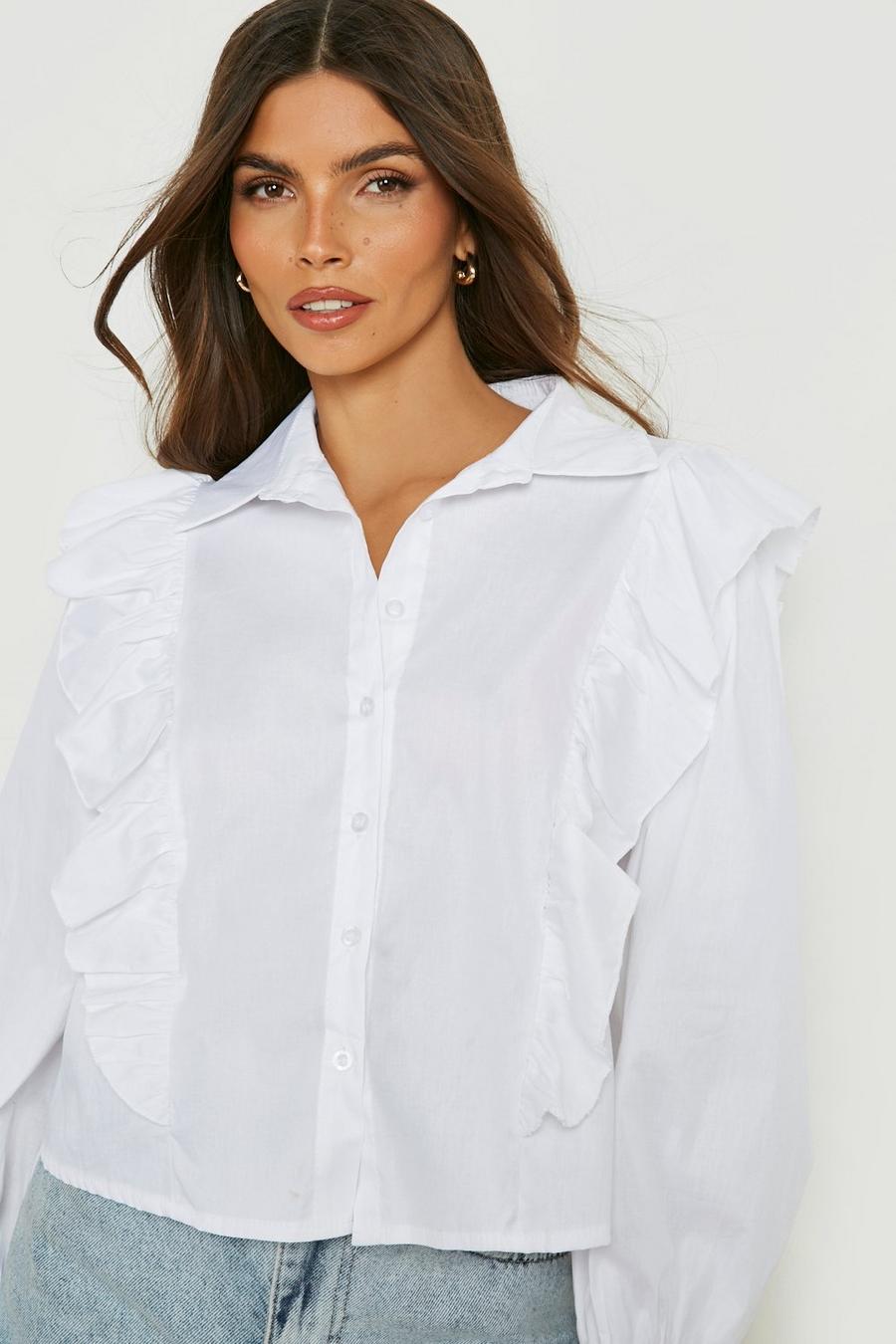 Kurzes Hemd aus Baumwolle mit Rüschen-Detail, White image number 1