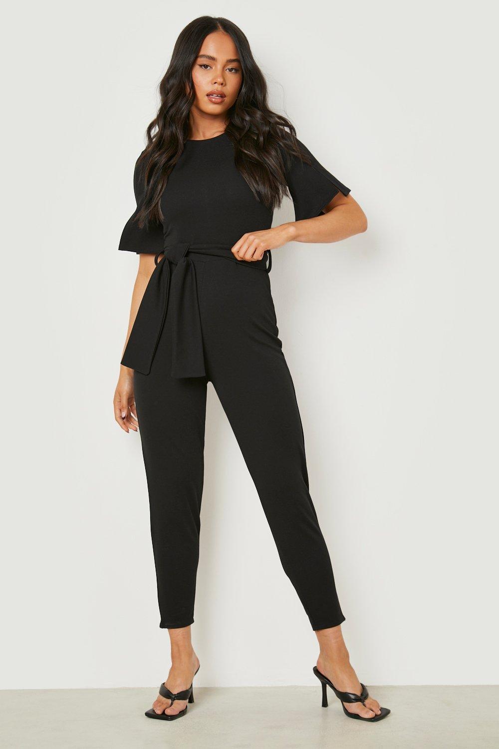 Petite Cape Sleeve Belted Tailored Jumpsuit