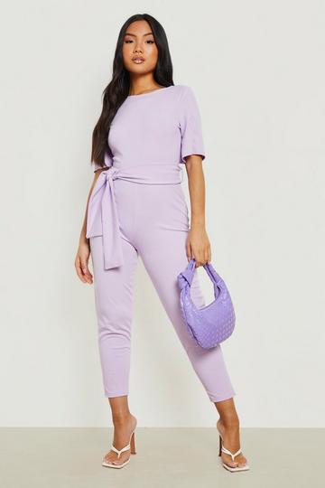 Lilac Purple Petite Cape Sleeve Belted Tailored Jumpsuit