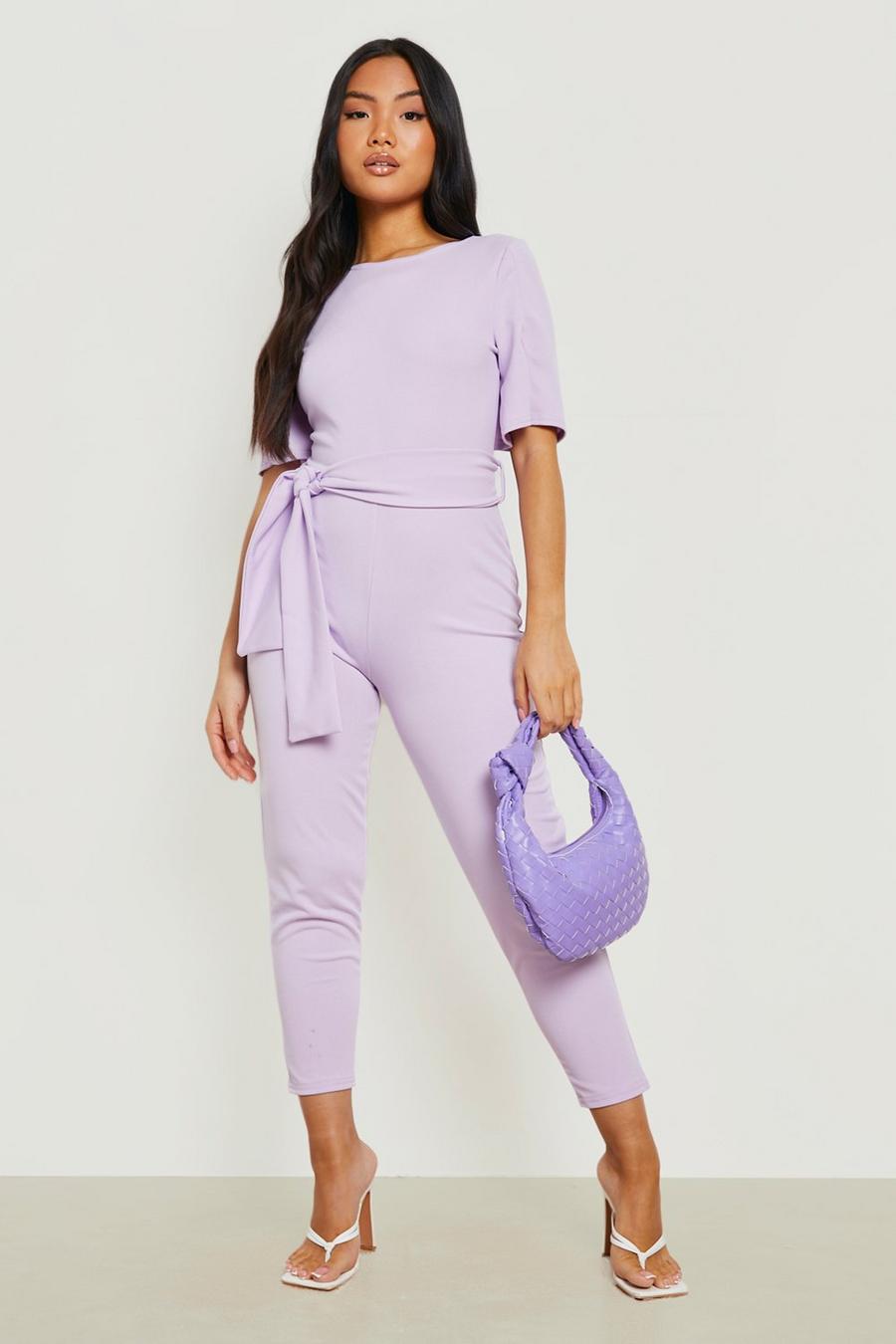 Lilac Petite Cape Sleeve Belted Tailored Jumpsuit