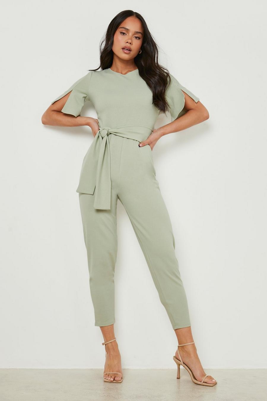 Sage green Petite Cape Sleeve Belted Tailored Jumpsuit