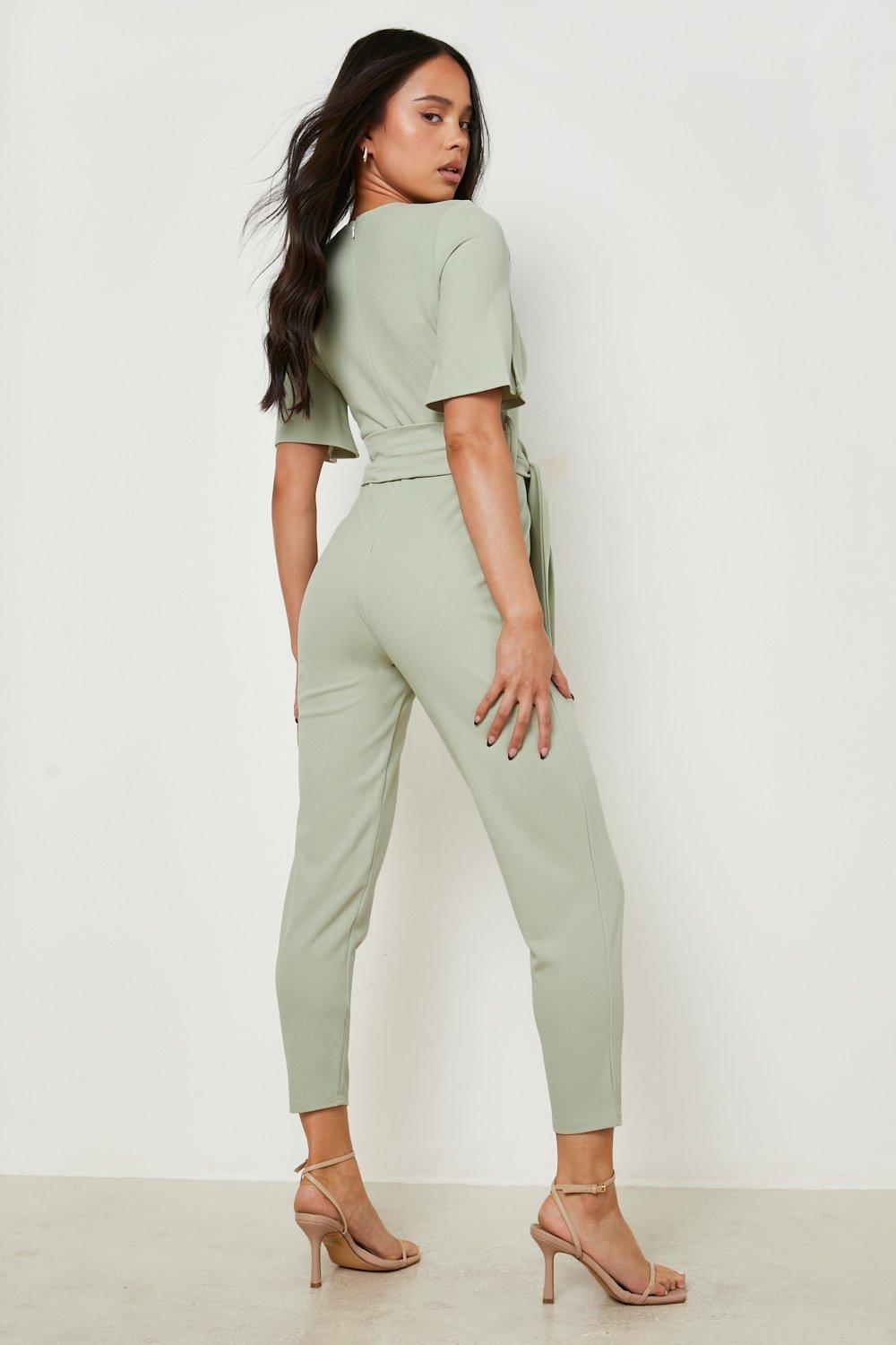 Petite Cape Sleeve Belted Tailored Jumpsuit