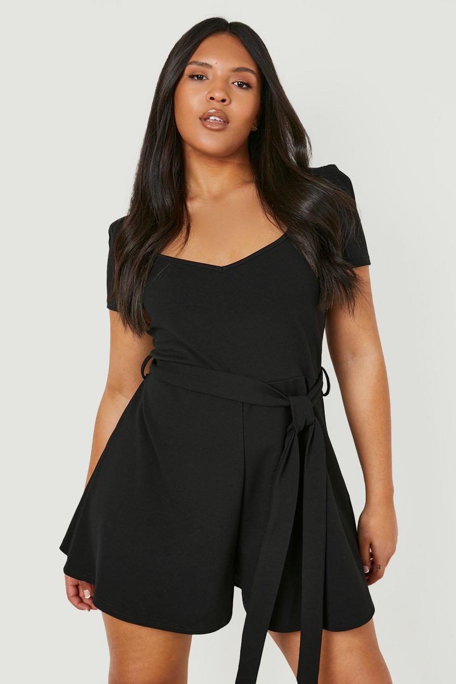Black Plus Sweetheart Belted Puff Sleeve Playsuit image number 1
