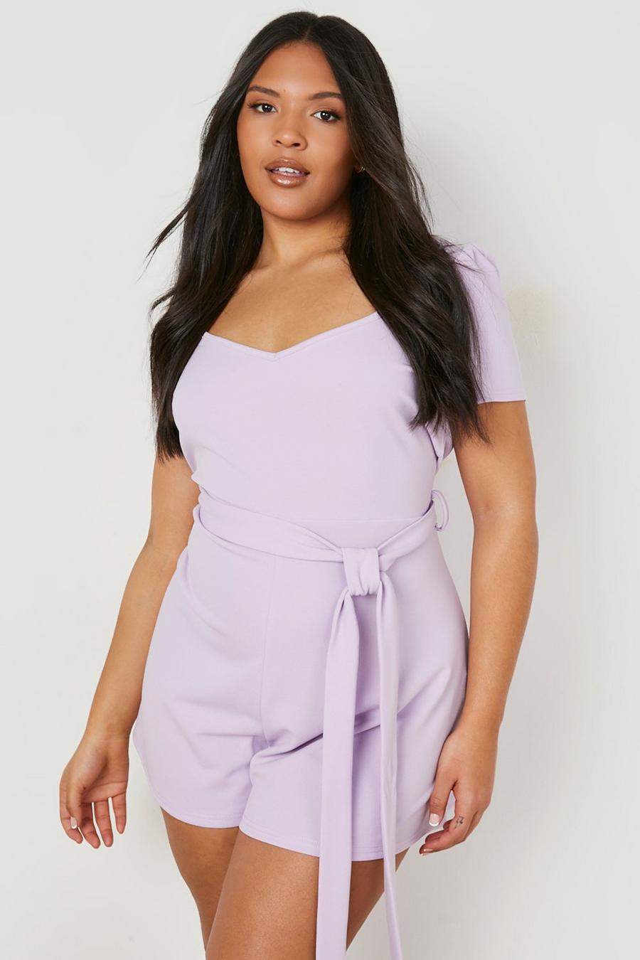 Lilac Plus Sweetheart Belted Puff Sleeve Playsuit image number 1