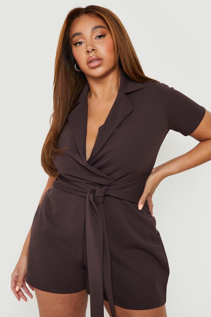 Chocolate Plus Short Sleeve Tie Front Playsuit  image number 1