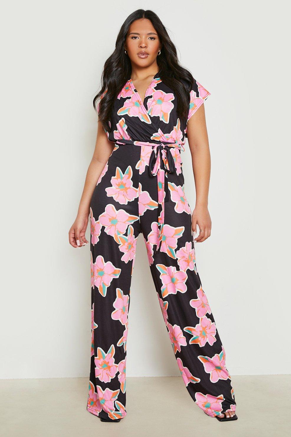 Plus Floral Print Wrap Belted Jumpsuit boohoo DK