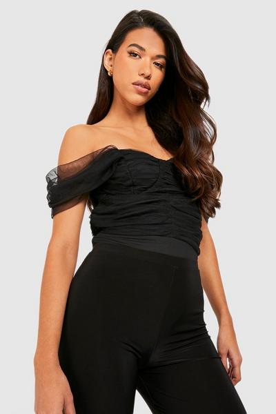 boohoo black Tall Tulle Off The Shoulder Bodysuit
