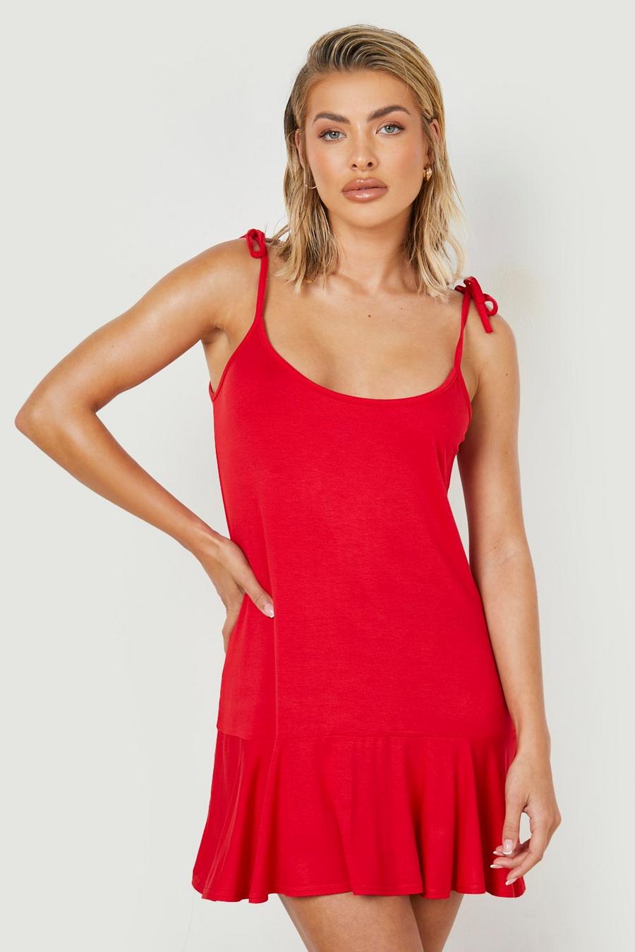 אדום rosso שמלת חוף סווינג מבד ג'רסי עם כתפיות דקות image number 1