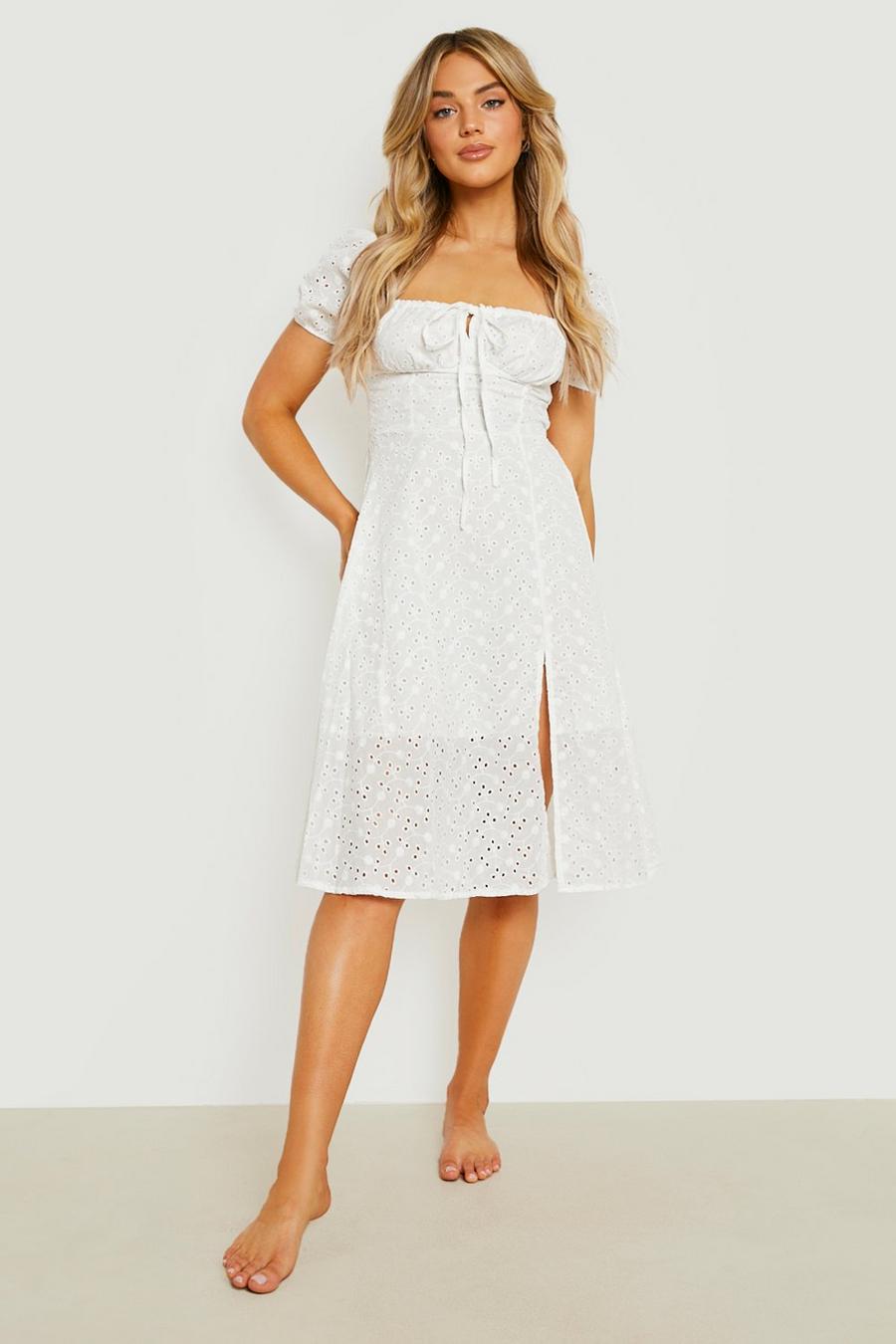 White Premium Broderie Seam Detail Midi Beach Dress image number 1