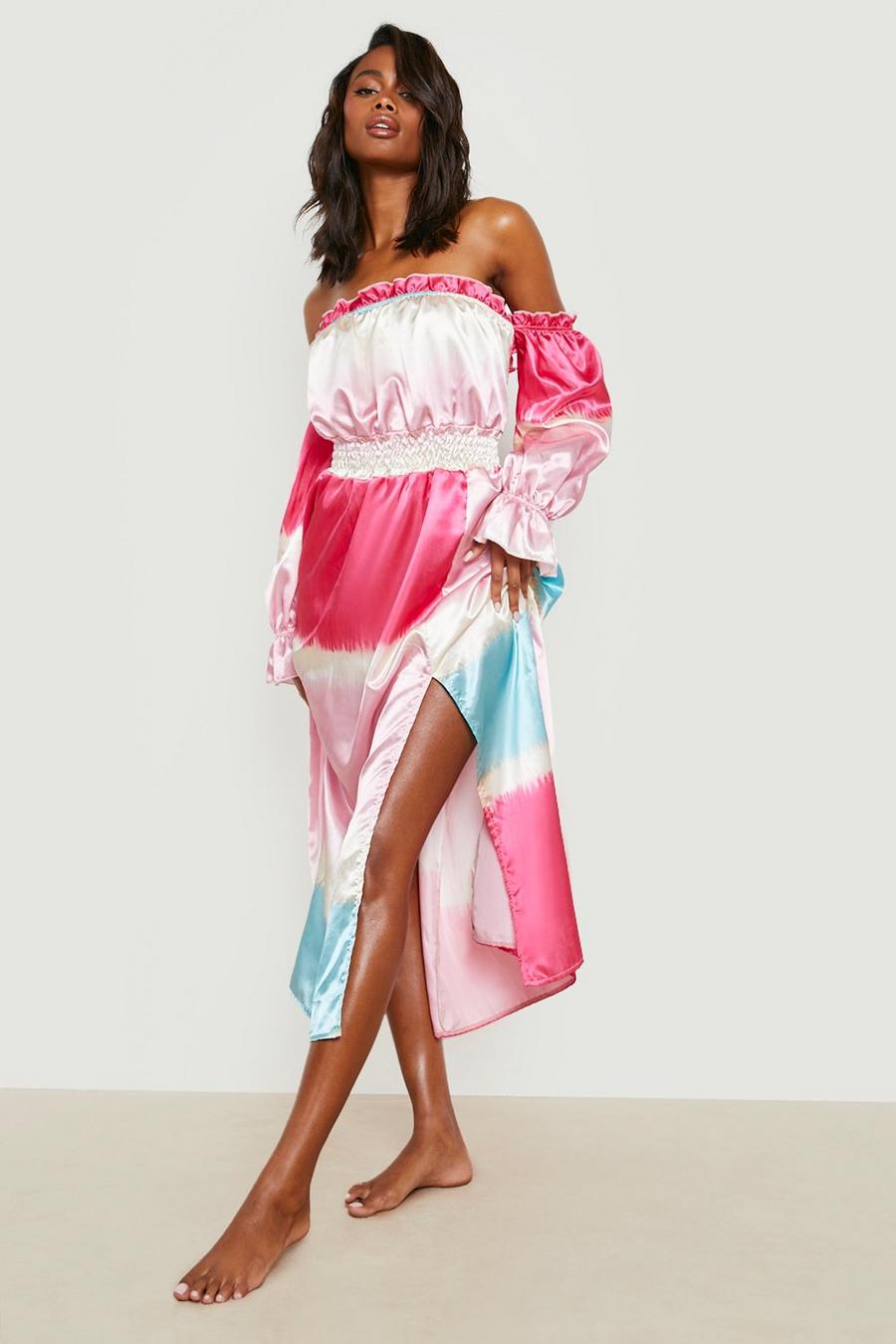 Pink Printed Satin Bardot Shirred Midi Beach Dress image number 1