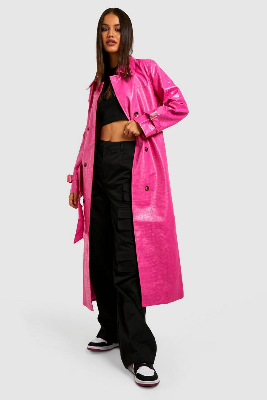 Hot pink Faux Leather Longline Trench Coat image number 1