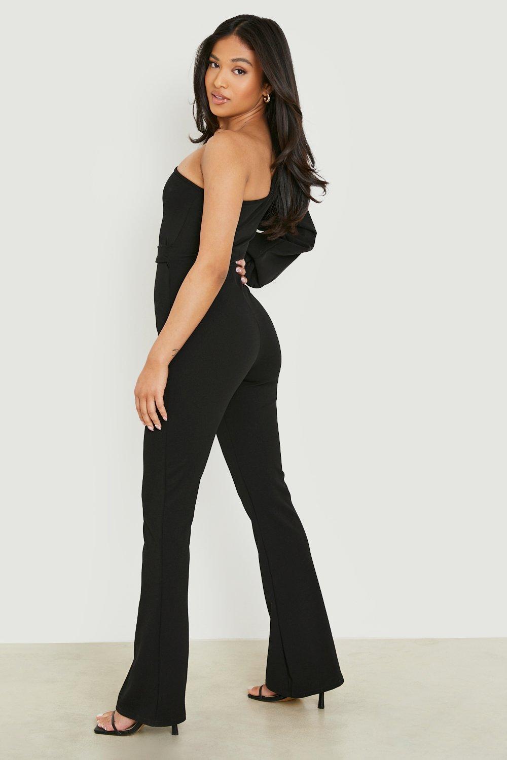 Womens Clothing Jumpsuits and rompers Full-length jumpsuits and rompers Boohoo Synthetic Petite Open Sleeve One Shoulder Jumpsuit in Black 
