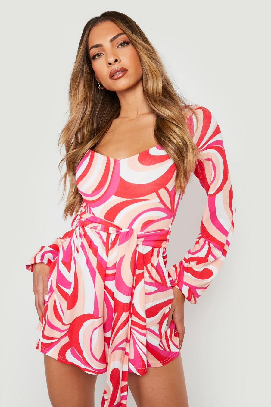 Red Abstract Print Volume Sleeve Playsuit image number 1