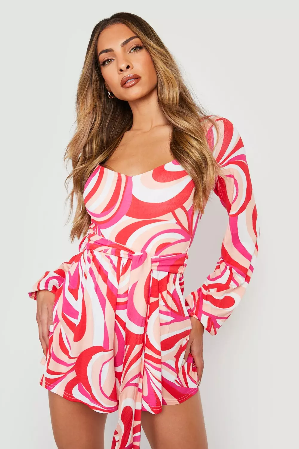 Red Abstract Print Volume Sleeve Playsuit alternative image