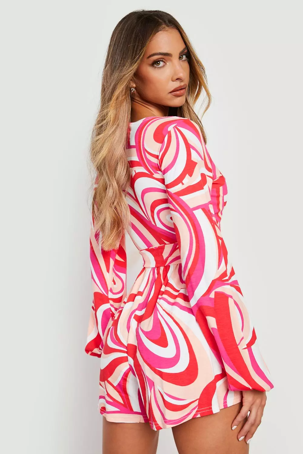 Red Abstract Print Volume Sleeve Playsuit alternative image